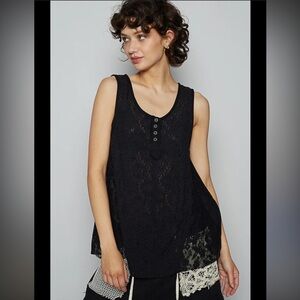 POL Boho Crochet Lace Mixed Button Detail Flowing Round Neck Tank Top• Medium